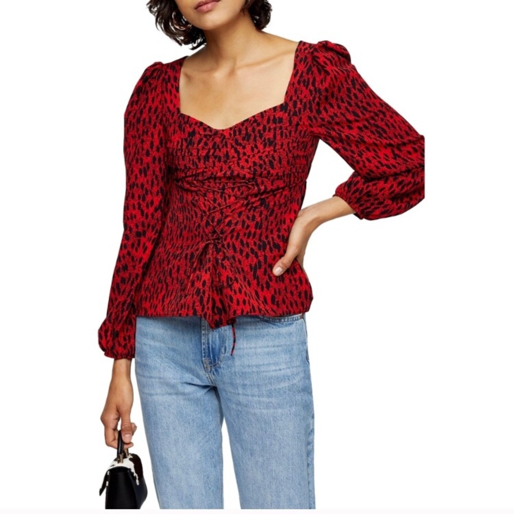 NWT Top Shop Black Red Leopard Long Sleeve Top 6